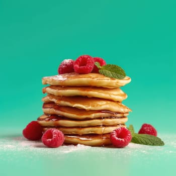 Plate with tasty pancakes on colorful background with copy space , AI Generative