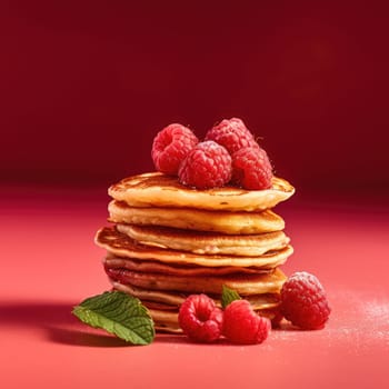 Plate with tasty pancakes on colorful background with copy space , AI Generative