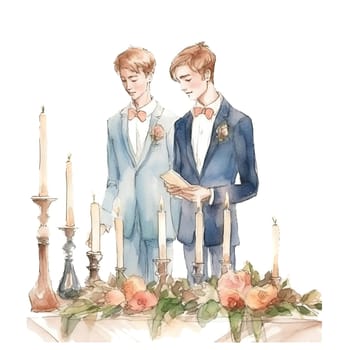 Groom couple wedding, watercolor image for invitation card or poster. Ai generative