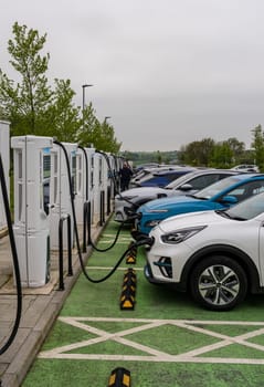 Midlands, UK - 13 May 2023: View of electric car charging points on motorway