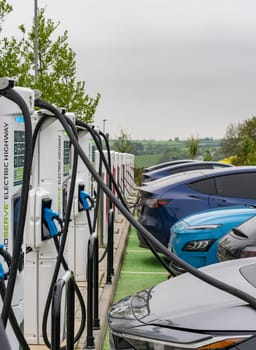 Midlands, UK - 13 May 2023: View of electric car charging points on motorway