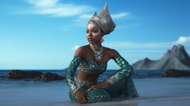 Stylish beautiful african american woman in a blue-silver luxurious suit and crown sits on the beach, near the sea, looks away . Ai generative