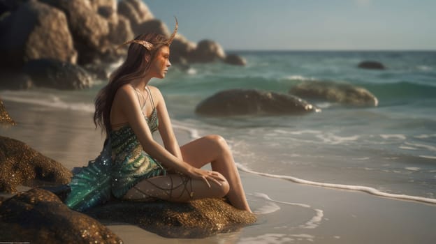 Cute girl, in a mermaid costume, sits on the beach, near the sea, looking at the side of the sea. Ai generative