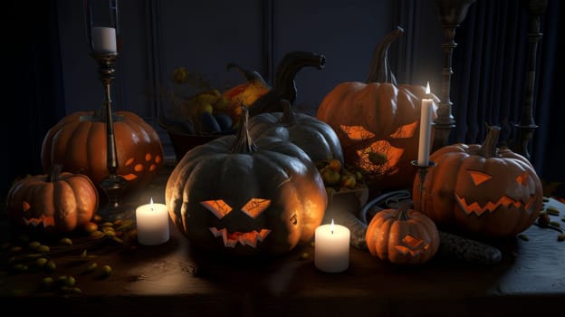 Halloween pumpkins and candles on an old wooden table.Ai generative