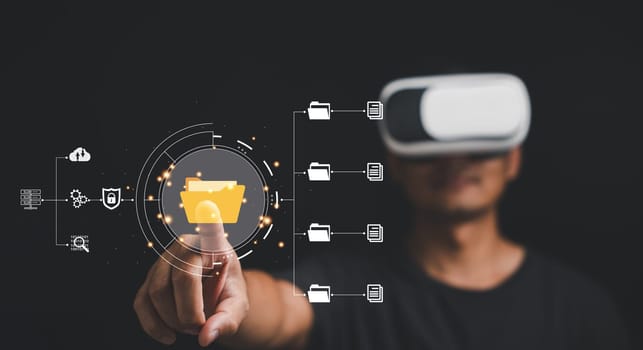 Virtual reality VR enthusiast with VR glasses, navigating the interconnected virtual metaverse. Depicting the efficiency and convenience of document management systems DMS in era of future technology.