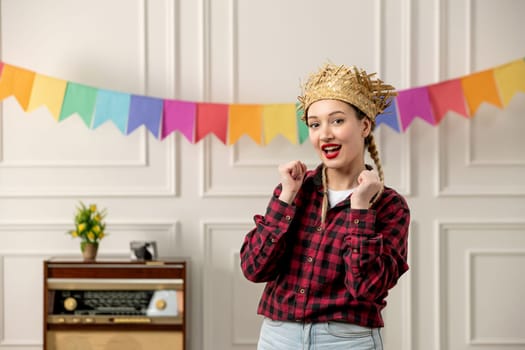 festa junina cute girl in straw hat brazilian midsummer with retro radio colorful flags excited