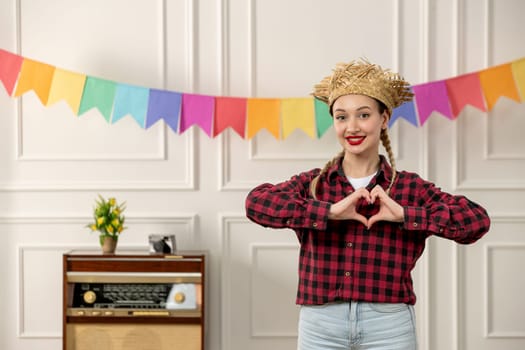 festa junina cute girl in straw hat brazilian midsummer with retro radio colorful flags heart hands