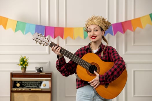 festa junina cute girl in straw hat brazilian midsummer with retro radio colorful flags on guitar