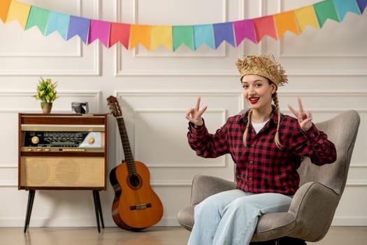 festa junina cute girl in straw hat brazilian midsummer with retro radio guitar showing peace sign