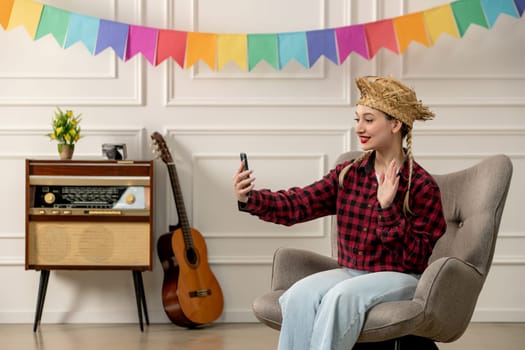 festa junina cute girl in straw hat brazilian midsummer with retro radio guitar taking selfie
