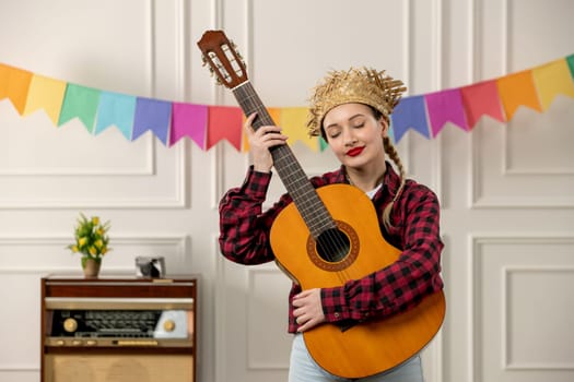 festa junina cute girl in straw hat brazilian midsummer with retro radio playing guitar