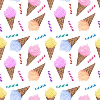 Seamless pattern with ice cream cone and striped candy sticks. ice cream pattern