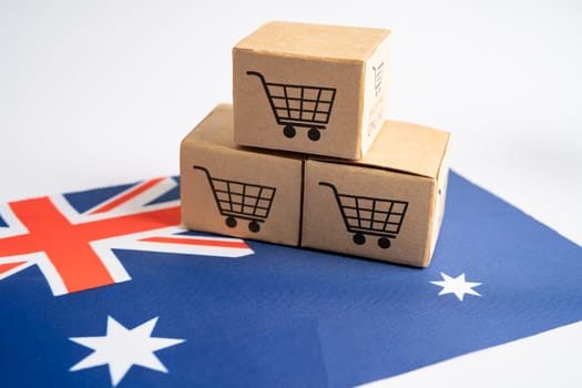 Box with shopping online cart logo and Australia flag, Import Export Shopping online or commerce finance delivery service store product shipping, trade, supplier concept.