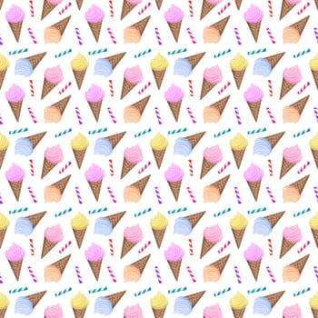 seamless pattern with sweets ice cream cones and striped candy sticks. Ice cream pattern