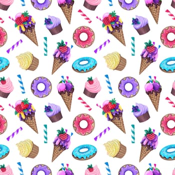 seamless pattern of colorful donuts and ice cream with fruits among cupcakes and candies