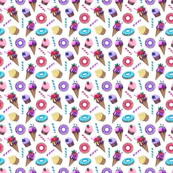 seamless pattern of colorful donuts and ice cream with fruits among cupcakes and candies