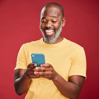 Studio, black man and smile for phone communication, social media or online announcement. Mobile, mockup and person happy ux with app, reading website or typing post on internet or search on web.