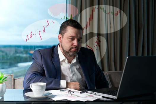 Tired man working at home office, Exhausted, stressed, overworked man, financial market decline, unsuccessful investments. tension headache. Sad businessman lying on laptop.