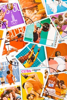 CUBA - CIRCA 1980: The press printed in CUBA, some brands devoted to Olympic Games in Moscow 1980