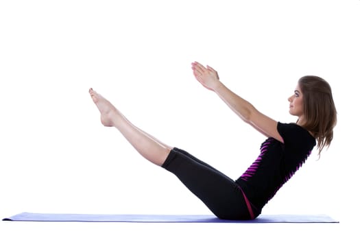 Smiling flexible yogi balancing in studio, isolated on white