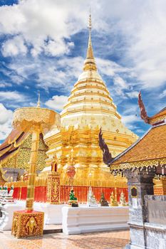 Landmarks, important tourist attractions in Chiang Mai, Phra That Doi Suthep, large golden pagoda at Chiangmai, Thailand