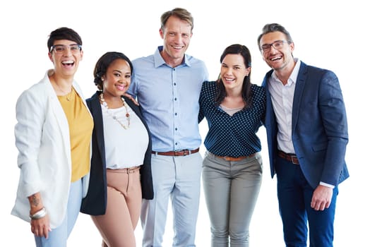 Portrait, group and staff hug, business and happiness with confidence, collaboration and journalist. Face, coworkers or editorial team embrace, cooperation and smile with teamwork, formal or cheerful.