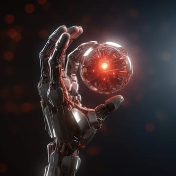 The robot's hand hold a sphere with new technologies. AI Concept