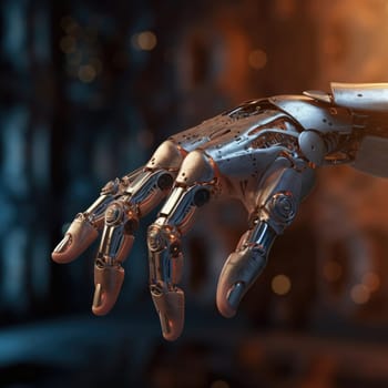 The hand of the robot of the future on a dark background. The concept of new technologies