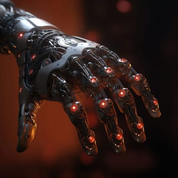 The hand of the robot of the future on a dark background. The concept of new technologies