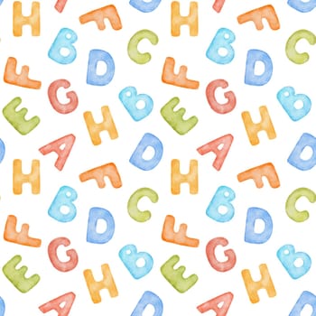 Watercolor colorful hand drawn watercolor childish seamless pattern with alphabet. Multicolored letters for children