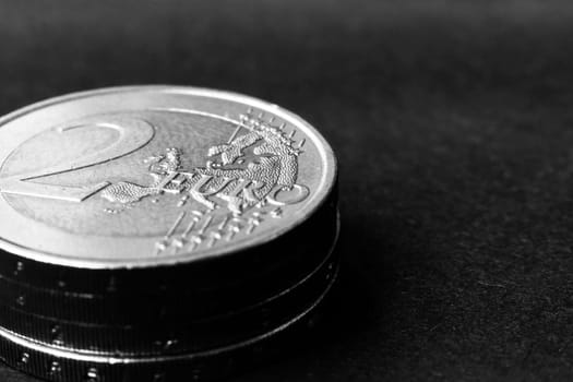 Euro close up photos. Macro coins. Soft focus, dark background