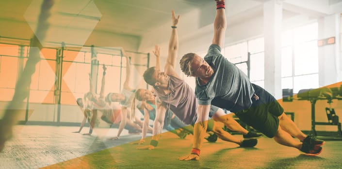 Side plank, fitness and group of people exercise, workout or training in gym class. Men and women team together for power challenge, commitment or strong muscle at club with overlay, banner and space.