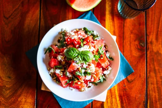 Tasty summer salad with watermelon and feta cheese. High quality photo