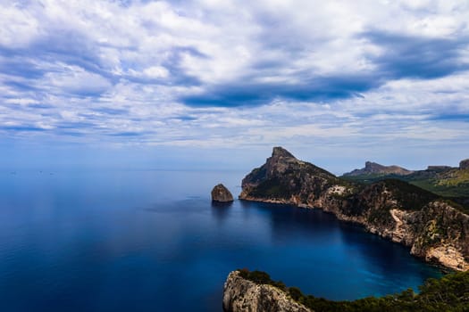 Spanish rocky coast with sea, cliffs and cloudy sky. High quality photo