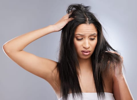 Hair, damage loss and woman in studio with worry for split ends, haircare crisis and weak strand. Beauty, hairdresser and face of female person with frizz, texture and dry problem on gray background.