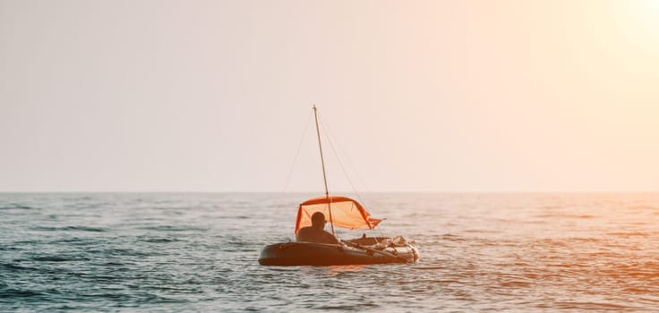 Tourist on a Fishing Trip in a Life Jacket Driving and Maneuvering on Inflatable Boat