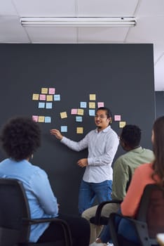 People in meeting, brainstorming and presentation with team in office, sticky note and communication at startup. Collaboration, teamwork and strategy workshop, ideas with presenter and audience.