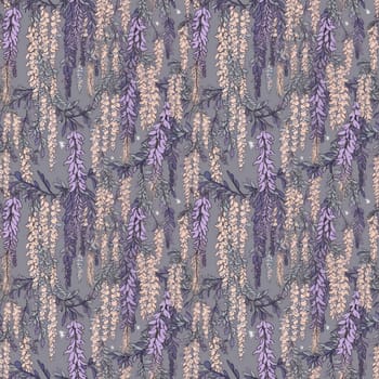 Seamless background of cascading wisteria on a lavender background, with a whimsical romantic art style. AI generated 