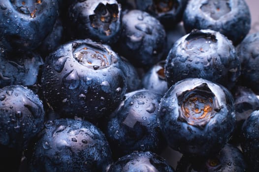 Blueberry berry background. Macro. Fresh blueberry background. Water drops on ripe blueberries. Background from freshly picked blueberries, close-up. Blue berries of blueberry close-up, macro.