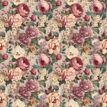 Seamless romantic and vintage floral pattern on a neutral background, with muted and faded colors. AI generated