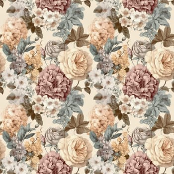 Seamless romantic and vintage floral pattern on a neutral background, with muted and faded colors. AI generated
