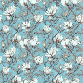 Seamless background of intricate magnolia flowers on a pale background. AI generated