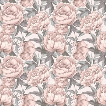 Seamless background of soft pink peonies on a light gray background, with a delicate romantic art style. AI generated