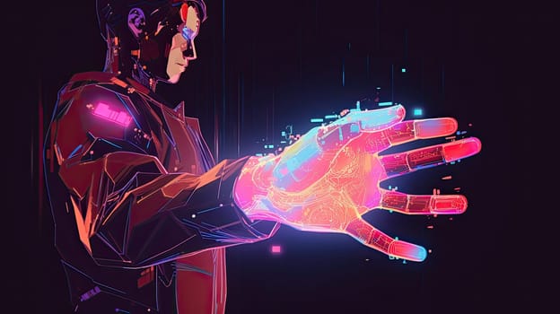 A person holds a hologram of new technologies in his hands. The concept of the future