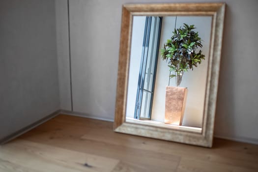 Elegant minimalistic modern interior with a framed mirror on the floor with a reflection of a plant in a floor vase.