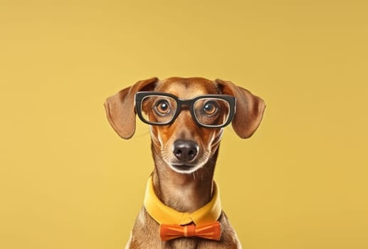 Portrait of a stylish dog in glasses close-up. Generative AI.