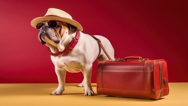 Bulldog dog breed, wearing sunglasses, wearing a hat, with suitcases for vacation, summer travel concept. Generative AI.