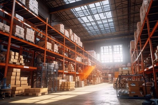 High racks in the warehouse of goods. High quality photo