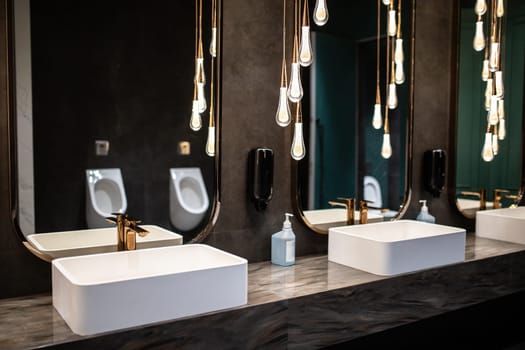 Luxurious public bathroom interior with sinks and mirrors and subdued lighting.