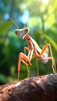 Mantis insect on a branch in natural nature. Generative AI. High quality illustration